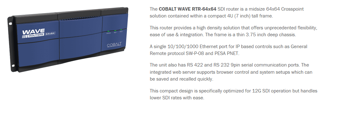 Router Cobalt Wave RTR-64x64S per segnali broadcast, mostrato accanto alla descrizione tecnica