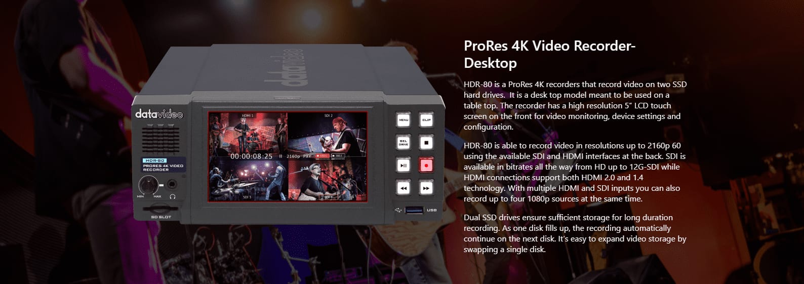 Registratore video Datavideo ProRes 4K da scrivania con display frontale e pannello di controllo