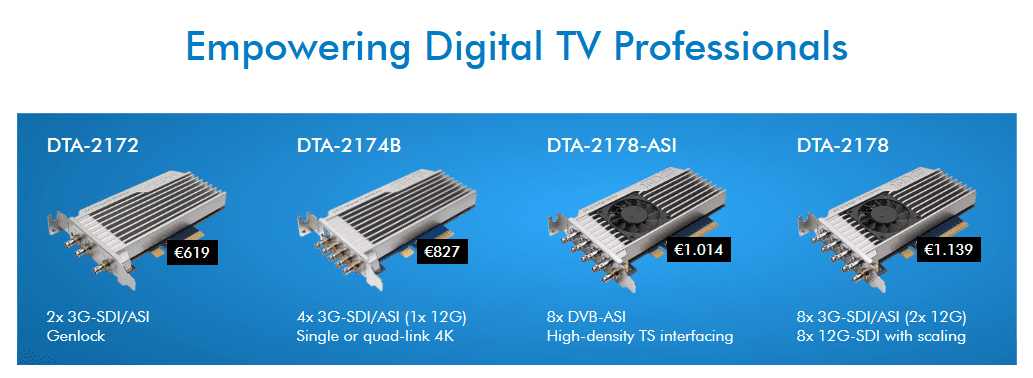 Grafica DekTec con quattro schede per TV digitale DTA-2172, DTA-2174B, DTA-2178-ASI e DTA-2178
