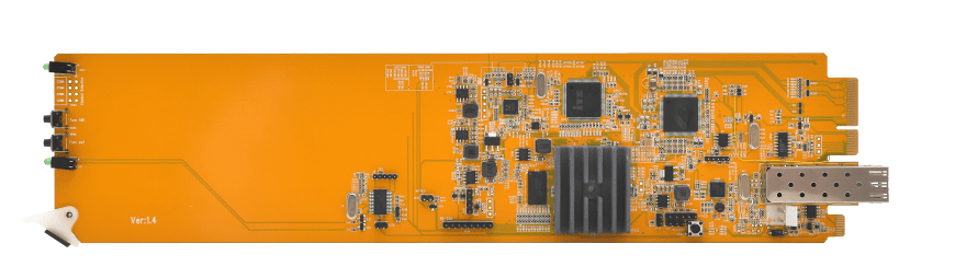 Top view of an orange circuit board with various components and connectors.