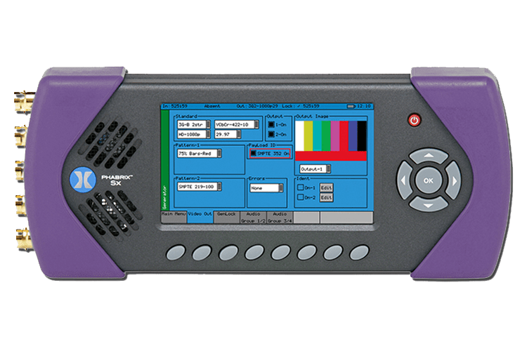 Strumento portatile PHABRIX viola con display di controllo e pulsanti