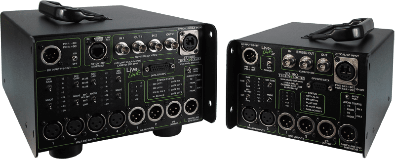 Due unità nere per interfaccia audio professionale con numerosi ingressi e uscite XLR
